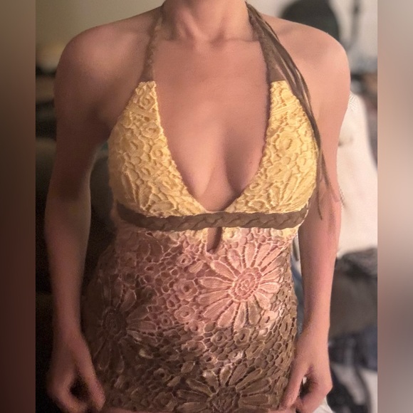 Sky Genuine Suede Leather Yellow Crochet Lace Top - Picture 5 of 5